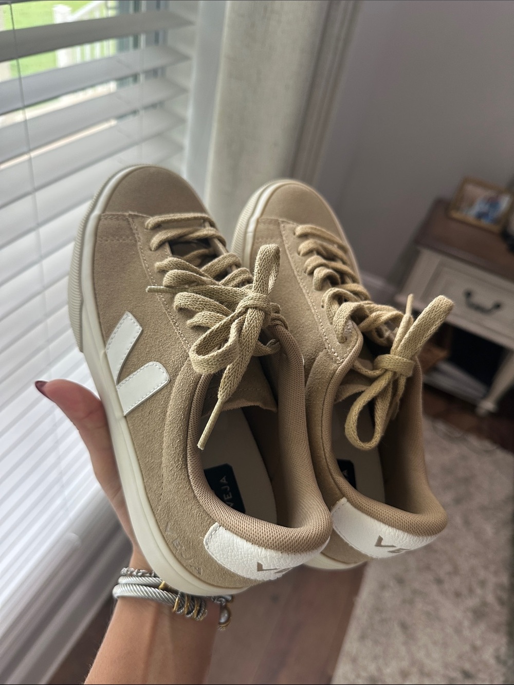Veja Beige Suede Sneakers with White V Accent - Picture 3 of 5